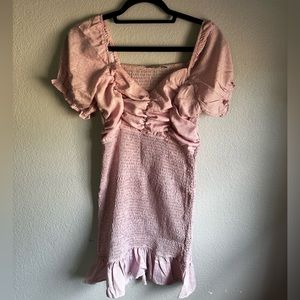 Puff sleeve pink polka dot ruffle dress